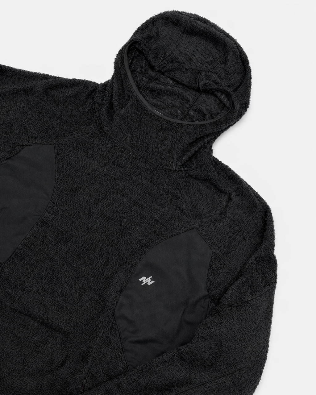 Black fleece jacket with hood on a white background